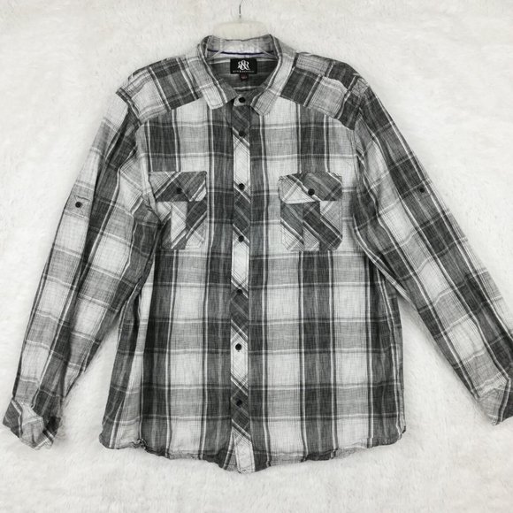 Rock & Republic Mens Shirt 2XL Button Down Gray White Plaid Long Sleeve XXL - Picture 1 of 13
